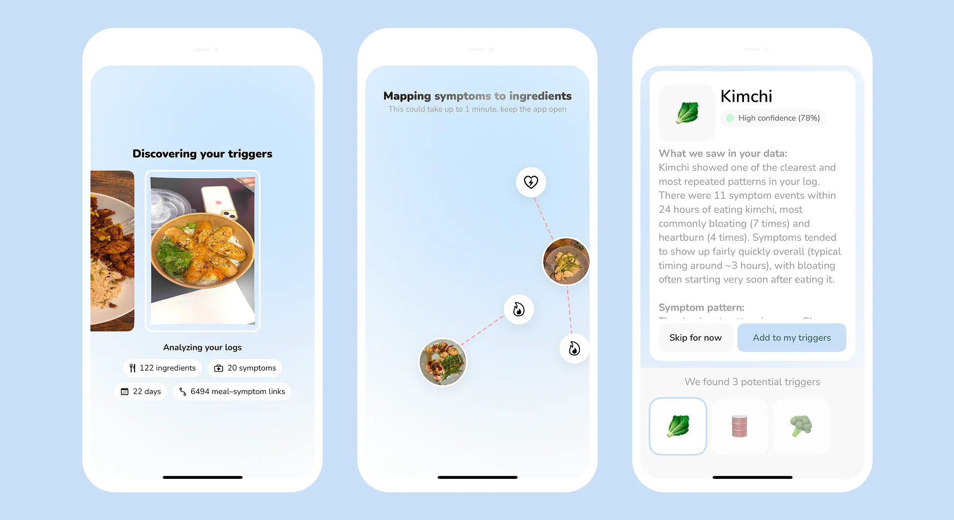 Happy Tummy AI pattern analysis screens